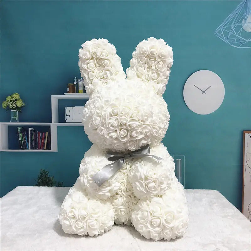 白色手工製永久玫瑰花兔仔連禮盒心意卡 (40cm) - Gift House | RD Infinity Tech